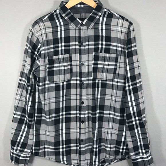 Quiksilver Shirt Mens Medium Gray Plaid Flannel Button Down Long Sleeve Pockets - Picture 1 of 11